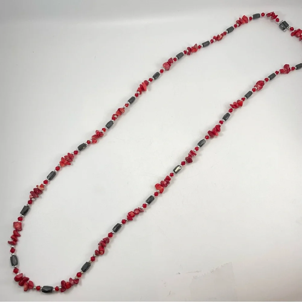 Stunning Magnetic Hematite Red Coral Chip Beaded Statement Necklace
